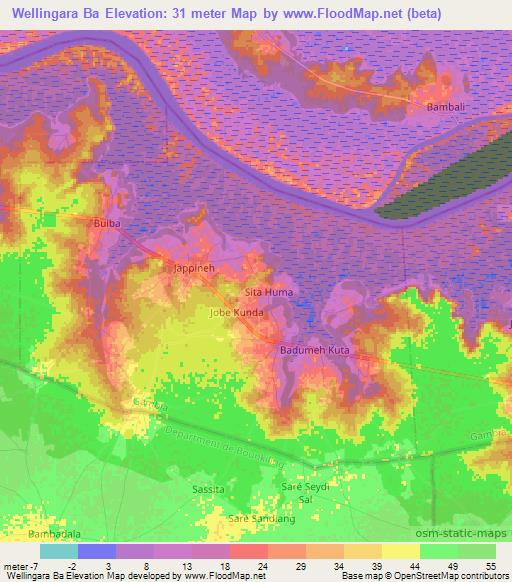 Wellingara Ba,Gambia Elevation Map