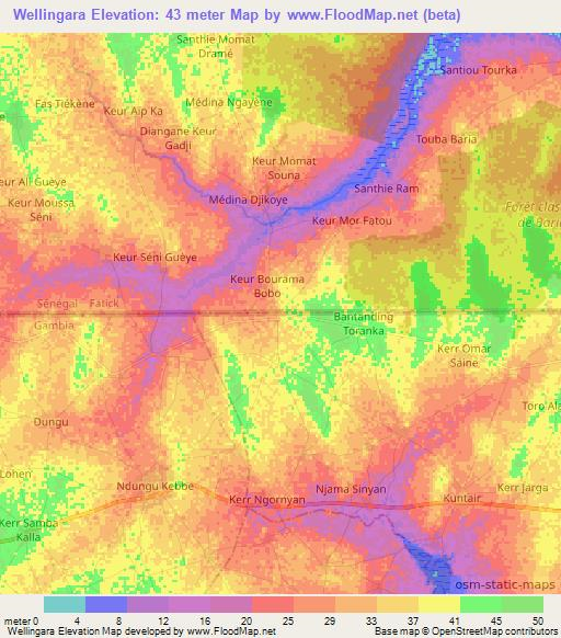 Wellingara,Gambia Elevation Map