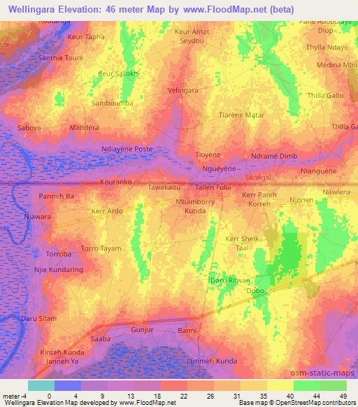 Wellingara,Gambia Elevation Map