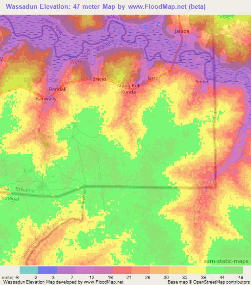 Wassadun,Gambia Elevation Map