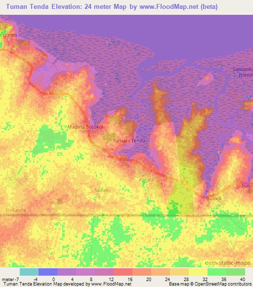 Tuman Tenda,Gambia Elevation Map
