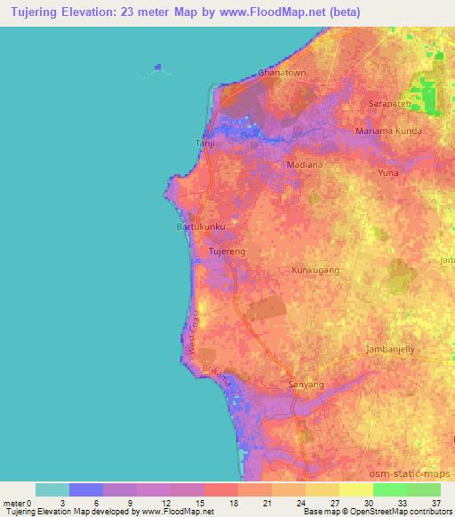 Tujering,Gambia Elevation Map