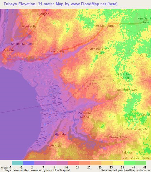 Tubeya,Gambia Elevation Map