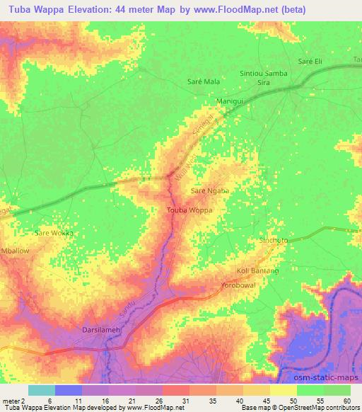 Tuba Wappa,Gambia Elevation Map
