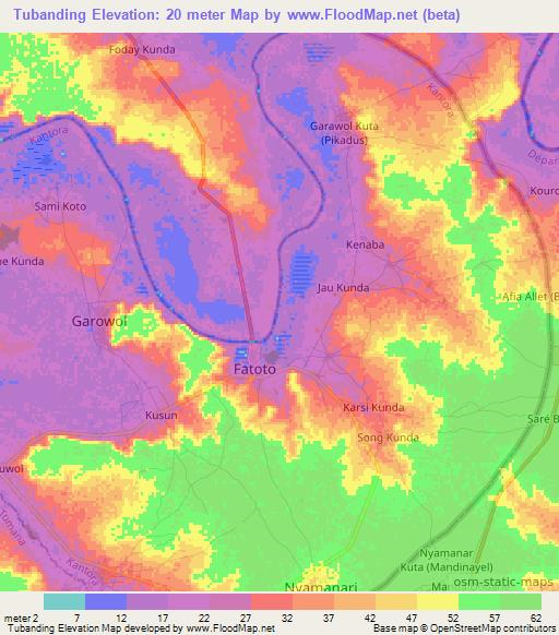 Tubanding,Gambia Elevation Map