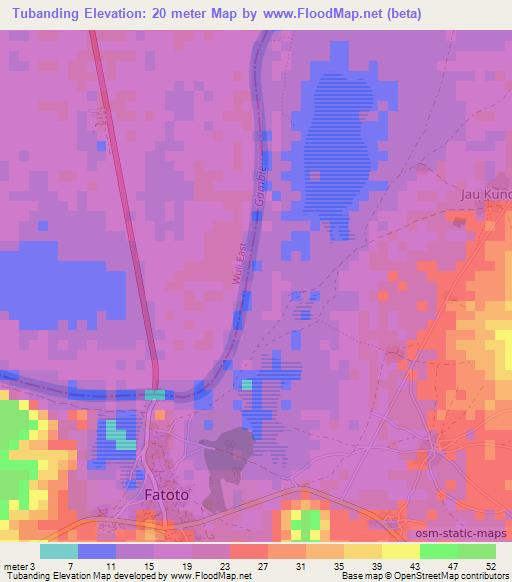 Tubanding,Gambia Elevation Map