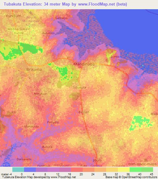 Tubakuta,Gambia Elevation Map