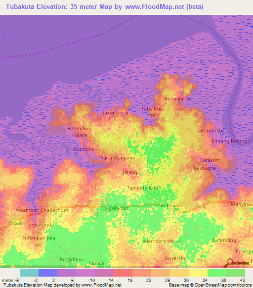 Tubakuta,Gambia Elevation Map
