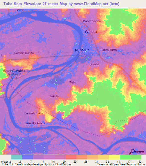 Tuba Koto,Gambia Elevation Map