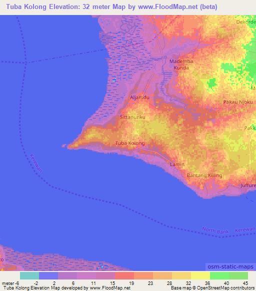 Tuba Kolong,Gambia Elevation Map