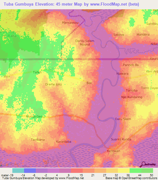 Tuba Gumbuya,Gambia Elevation Map