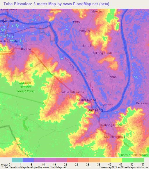 Tuba,Gambia Elevation Map