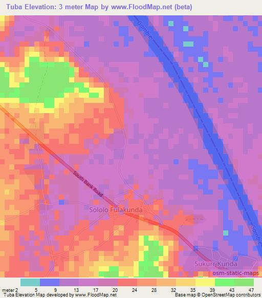 Tuba,Gambia Elevation Map