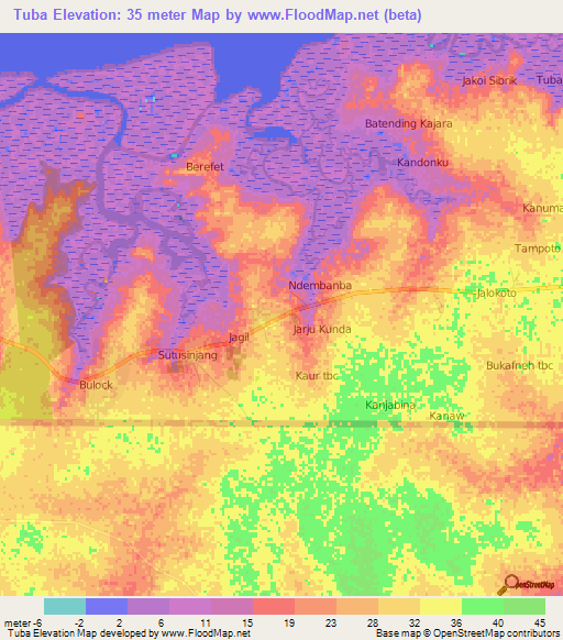 Tuba,Gambia Elevation Map
