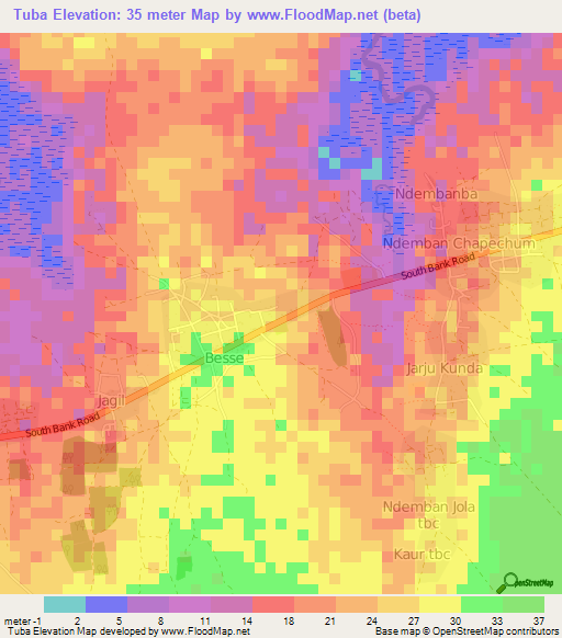 Tuba,Gambia Elevation Map