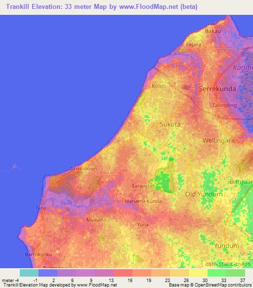 Trankill,Gambia Elevation Map