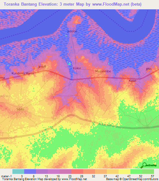 Toranka Bantang,Gambia Elevation Map
