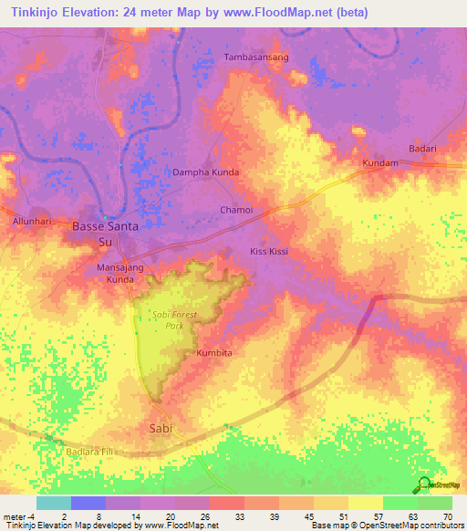 Tinkinjo,Gambia Elevation Map