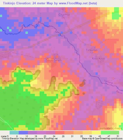 Tinkinjo,Gambia Elevation Map