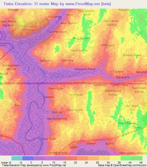 Tiaba,Gambia Elevation Map