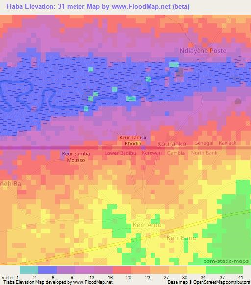 Tiaba,Gambia Elevation Map