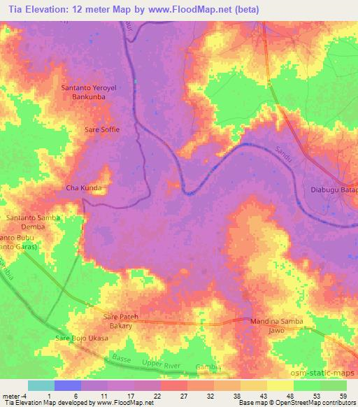 Tia,Gambia Elevation Map