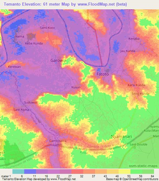Temanto,Gambia Elevation Map