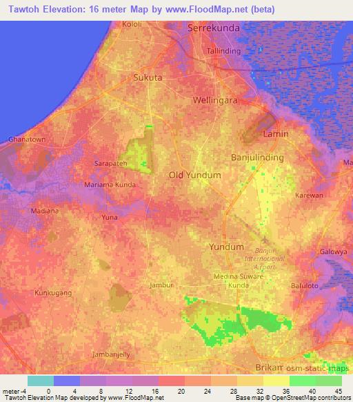 Tawtoh,Gambia Elevation Map