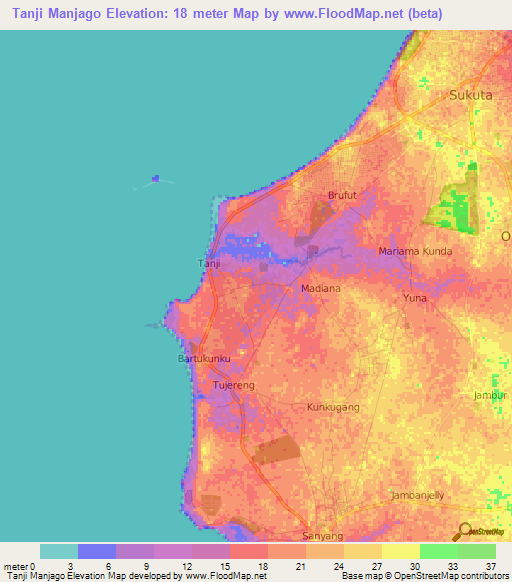 Tanji Manjago,Gambia Elevation Map