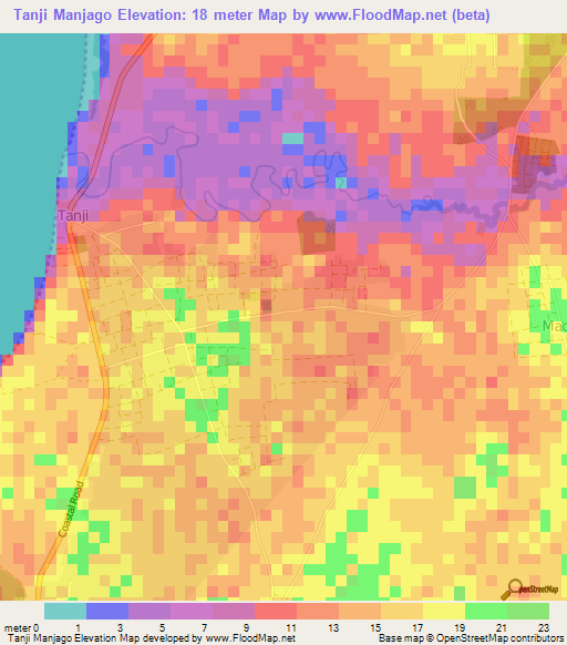 Tanji Manjago,Gambia Elevation Map
