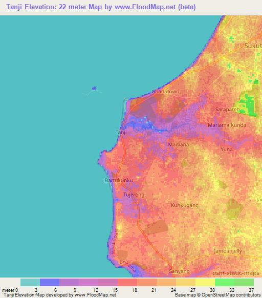 Tanji,Gambia Elevation Map