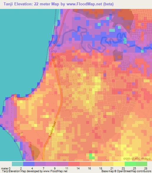 Tanji,Gambia Elevation Map