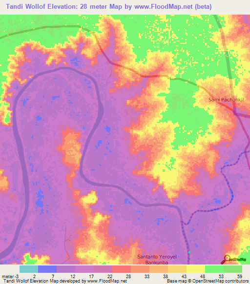 Tandi Wollof,Gambia Elevation Map