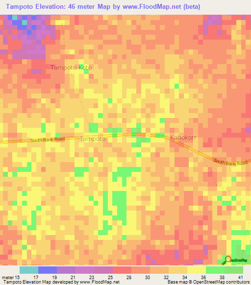 Tampoto,Gambia Elevation Map