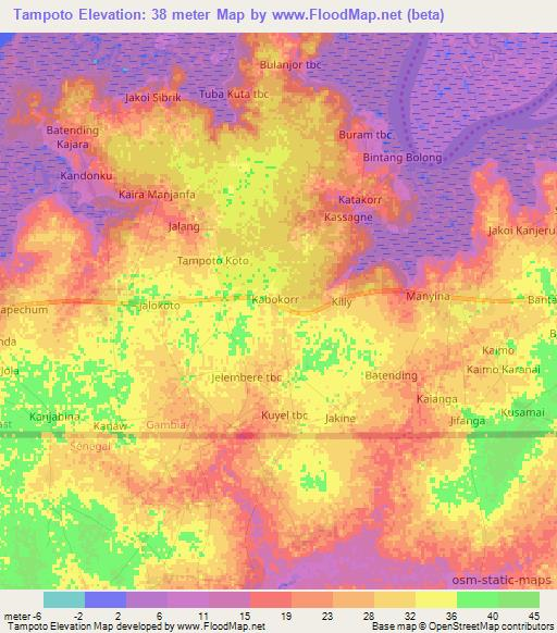 Tampoto,Gambia Elevation Map