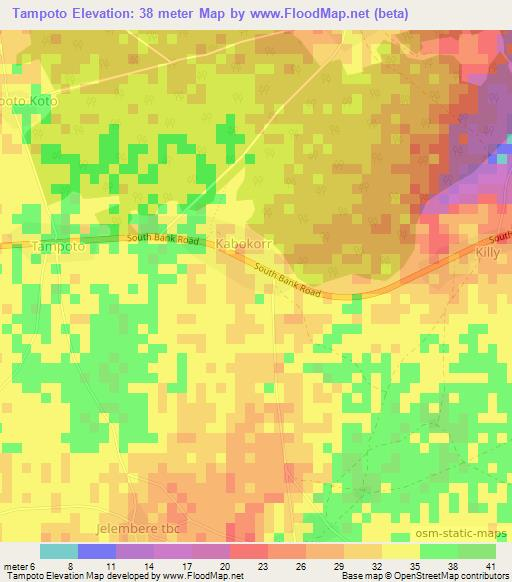 Tampoto,Gambia Elevation Map