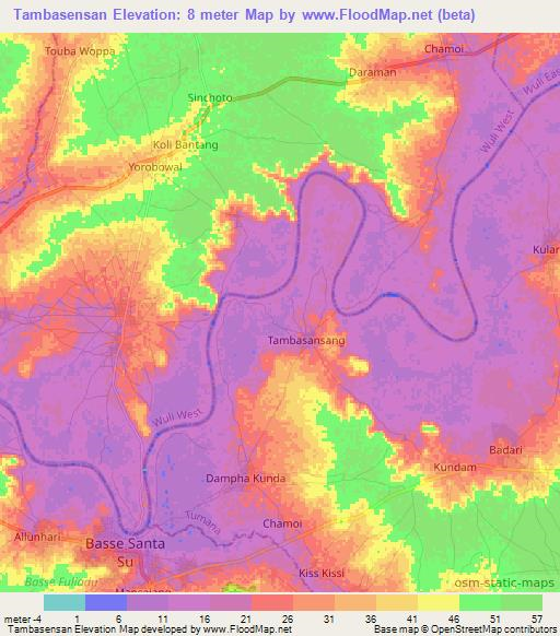 Tambasensan,Gambia Elevation Map