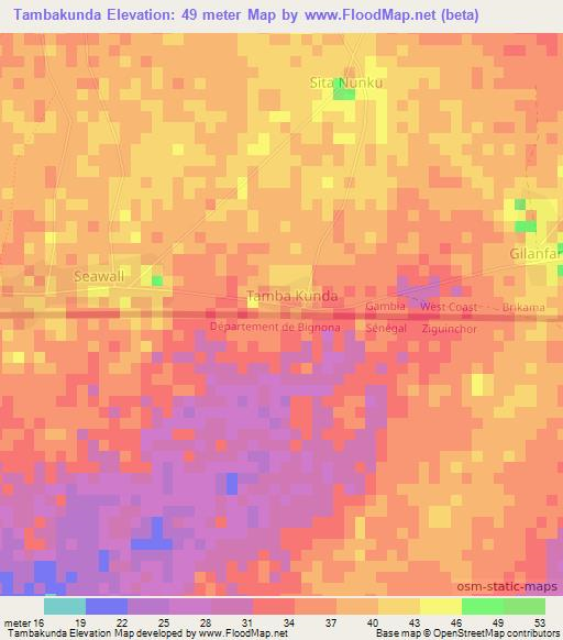 Tambakunda,Gambia Elevation Map