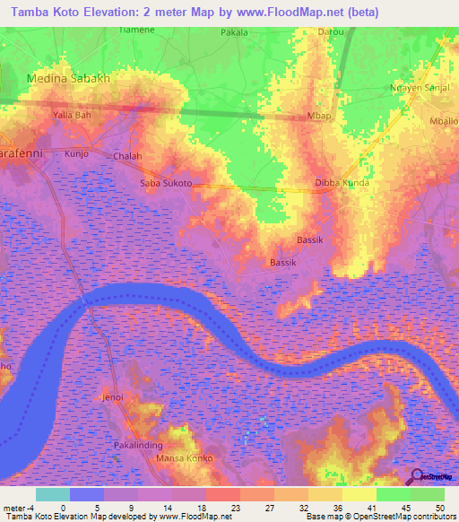 Tamba Koto,Gambia Elevation Map