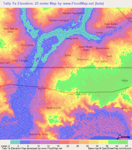Tally Ya,Gambia Elevation Map
