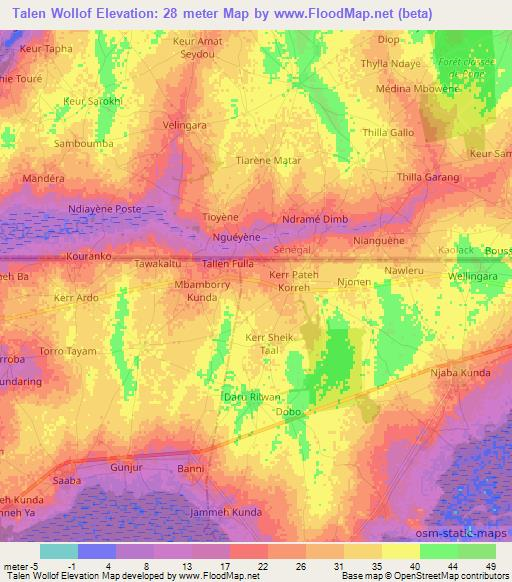 Talen Wollof,Gambia Elevation Map