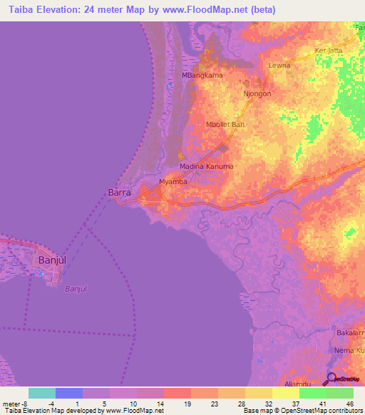 Taiba,Gambia Elevation Map