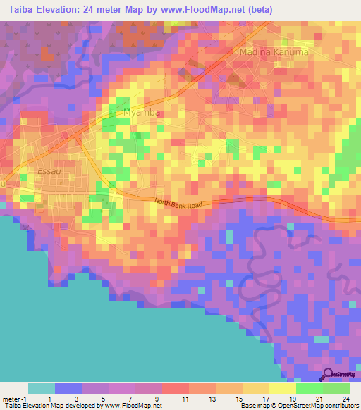 Taiba,Gambia Elevation Map