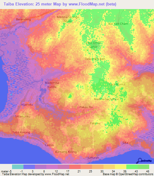 Taiba,Gambia Elevation Map