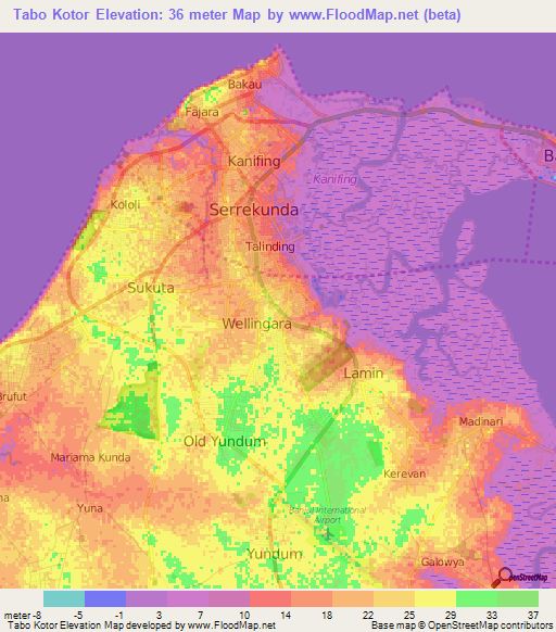 Tabo Kotor,Gambia Elevation Map