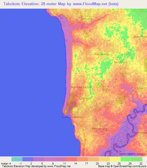 Tabokoto,Gambia Elevation Map