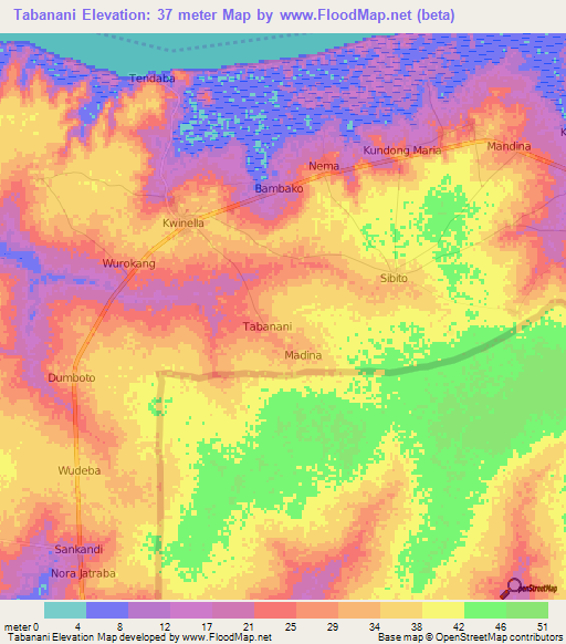 Tabanani,Gambia Elevation Map