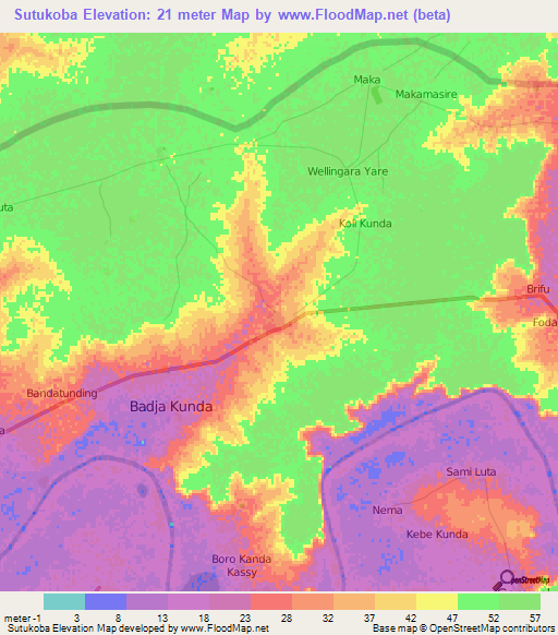 Sutukoba,Gambia Elevation Map