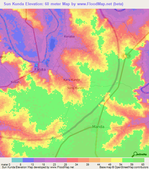 Sun Kunda,Gambia Elevation Map