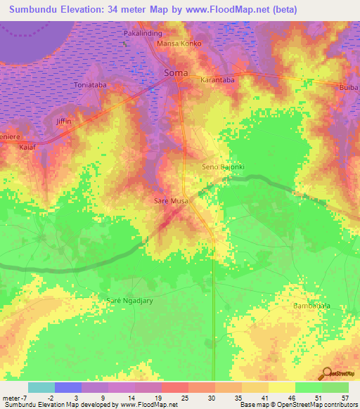 Sumbundu,Gambia Elevation Map